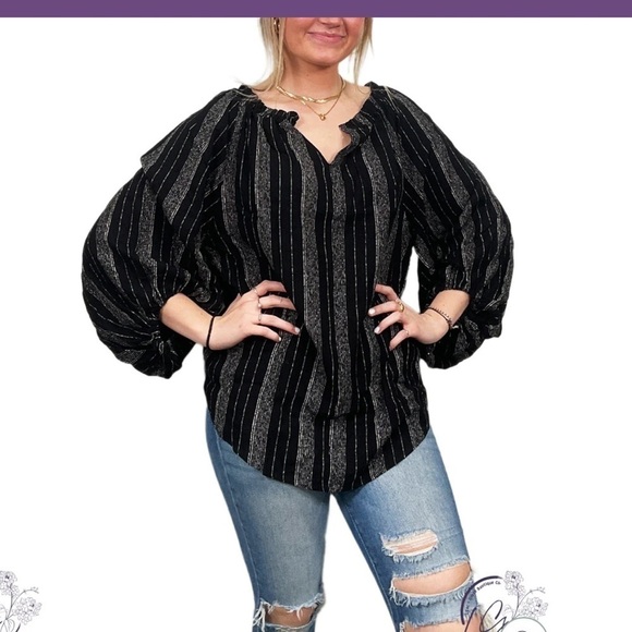 Blu Pepper boho blouse black white peasant sleeve women’s M striped top NWT - Picture 1 of 16
